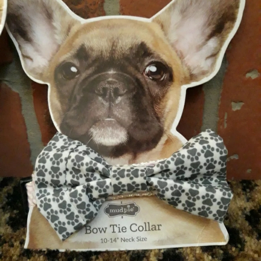 Bow Tie Animals DOG collar New GRAY Pink Paw Prints Mud Pie 10 - 14 in neck CUTE - Picture 2 of 4